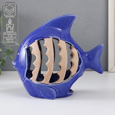 Подсвечник на 1 свечу «Рыбка с узорами», синий, 15.7×8.8×14.3 см