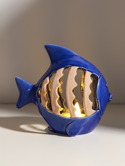 Подсвечник на 1 свечу «Рыбка с узорами», синий, 15.7×8.8×14.3 см