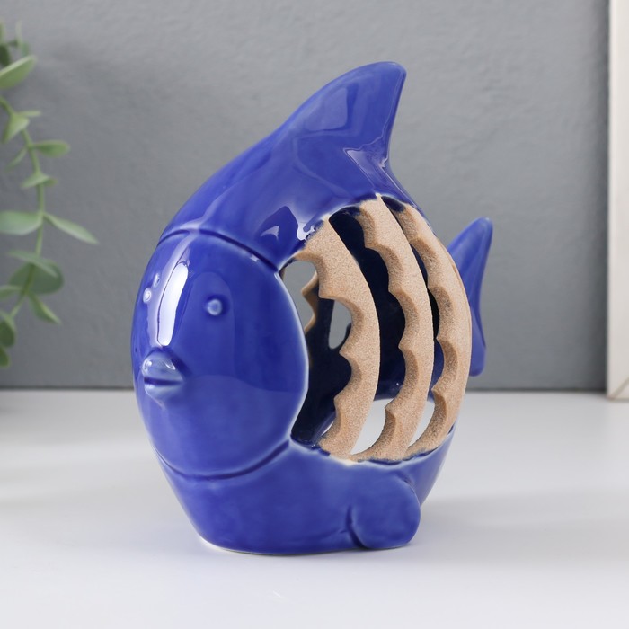Подсвечник керамика на 1 свечу "Рыбка с узорами" синий 15,7х8,8х14,3 см