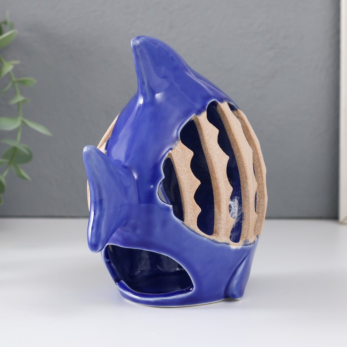 Подсвечник керамика на 1 свечу "Рыбка с узорами" синий 15,7х8,8х14,3 см