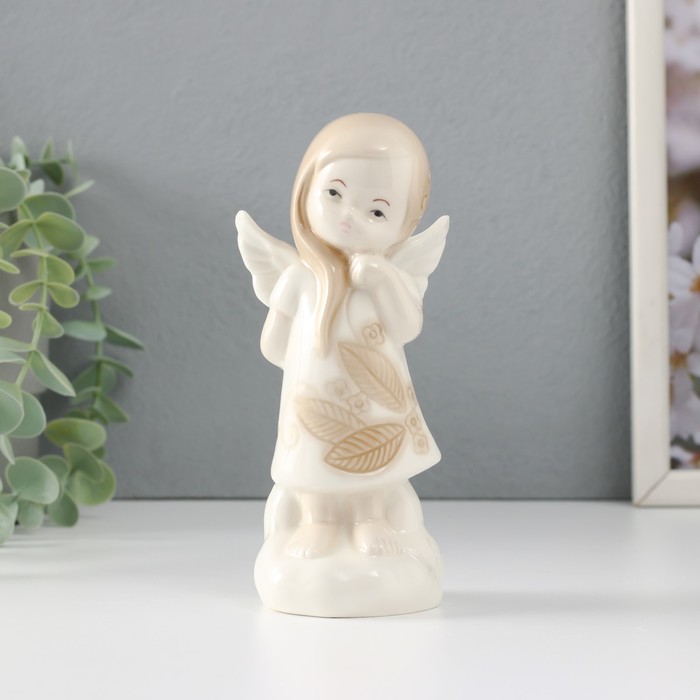 Сувенир керамика "Девочка-ангел в платье с листиками на облаке думает" 6,8х5,4х14,5 см - Фото 1