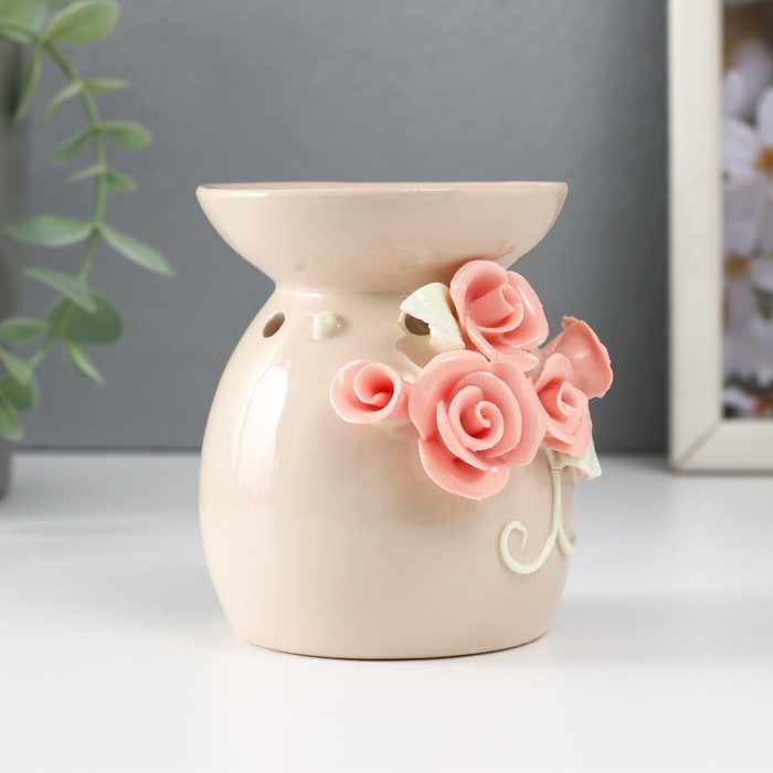 Аромалампа керамика "Розовые розы с листиками" бежевая 7,5х7,5х9 см