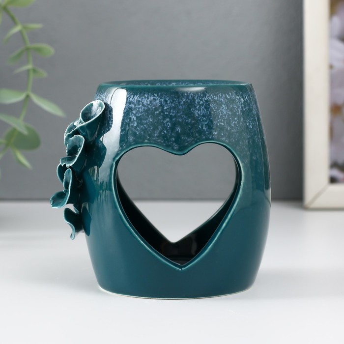 Аромалампа керамика Сердце с листиками бело-синяя 8,5х7,5х9 см