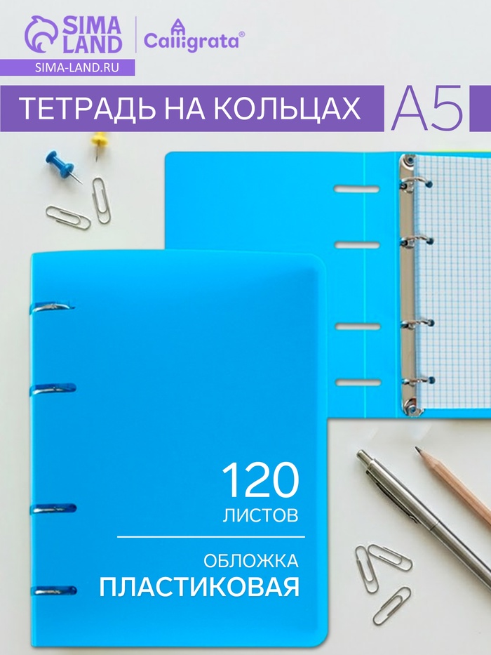 Тетрадь на кольцах Calligrata A5, 120 листов, в клетку, пластиковая обложка, блок офсет, голубая - Фото 1