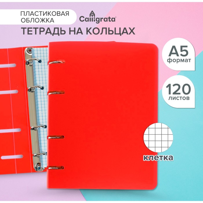 Тетрадь на кольцах Calligrata А5, 120 листов, в клетку, пластиковая обложка, блок офсет, красная - Фото 1