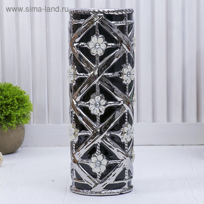 ваза керамика цветочный орнамент ромб 27*10*10 см черная - Фото 1