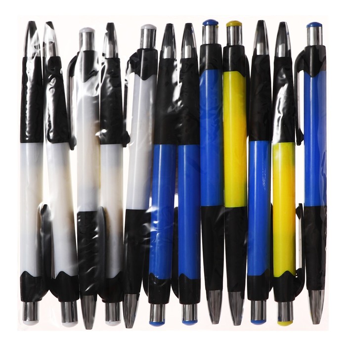 Набор шариковых ручек 12 штук, 0,5мм, автоматическая, корпус с резиновым держателем, чернила синие, МИКС