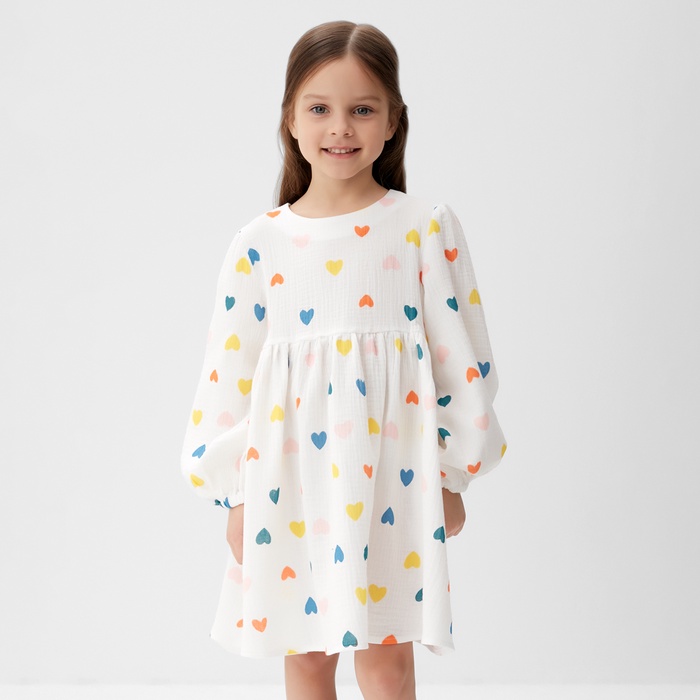 Платье для девочки KAFTAN «Сердечки» с длинным рукавом, белое, рост 80-86 см