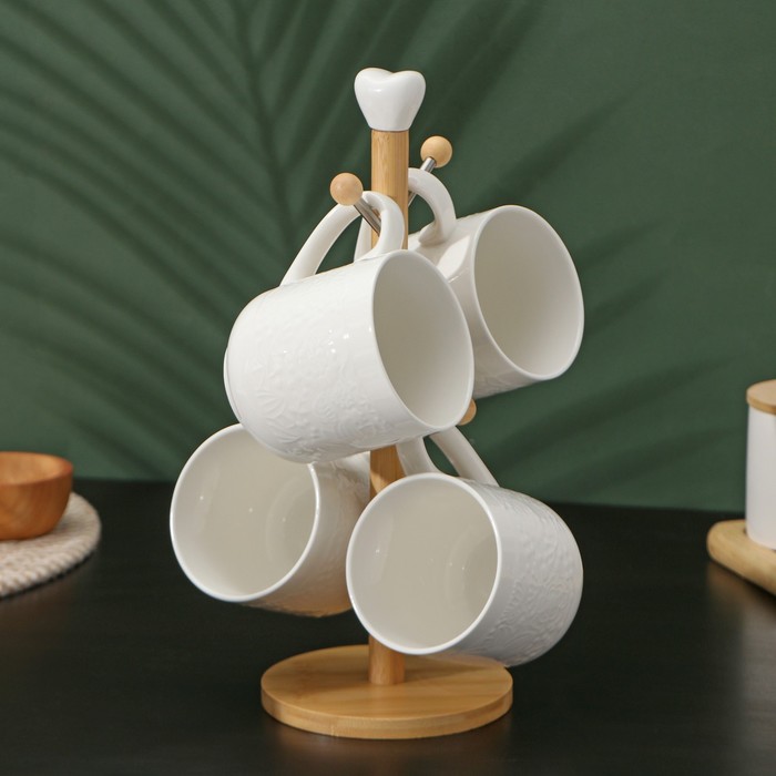 УЦЕНКА Набор кружек фарфоровых на деревянной подставке 4 шт. «Bella Tenero» кружка 400 мл - Фото 1