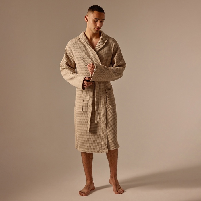 Халат вафельный мужской SL HOME: Basic «Саббиа», размер M, хлопок 100%, коричневый - Фото 1