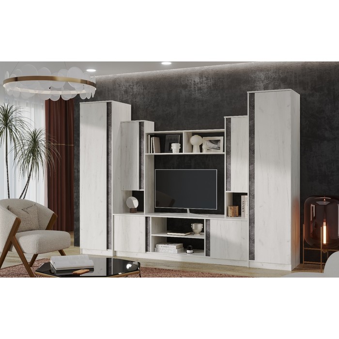 Стенка в гостиную «Атлантида - 5», с шкафами, 2800×510×2016 мм, цвет крафт белый/бетон тёмный - Фото 1