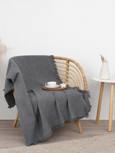 Плед с бахромой «Этель» Waffle, 130×180 см, тёмно-серый