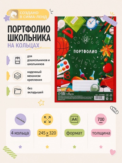 Папка-портфолио А4, Calligrata «Переменка», пластиковая, на 4 кольцах, для школьника, без вкладышей