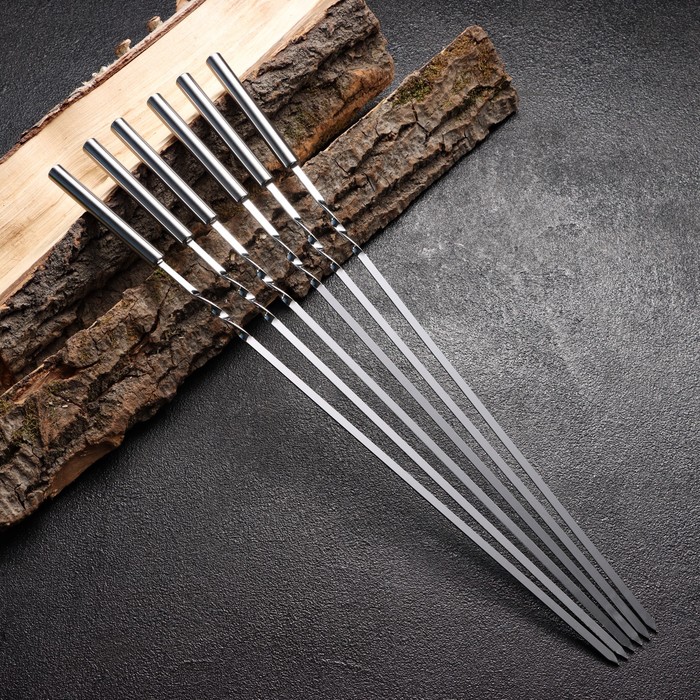 Набор шампуров 6 шт., рабочая часть - 32 см, ширина - 4 мм, толщина - 2 мм, с металлической ручкой - Фото 1