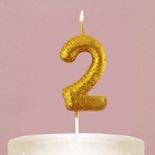 Свеча для торта, цифра, блестящая «2», золото, 4 х 10 см. - фото 3363101