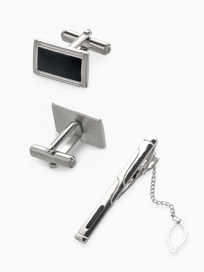 УЦЕНКА Набор мужской «Запонки + Зажим для галстука», прямоугольник с эмалью, чёрный, серебристая