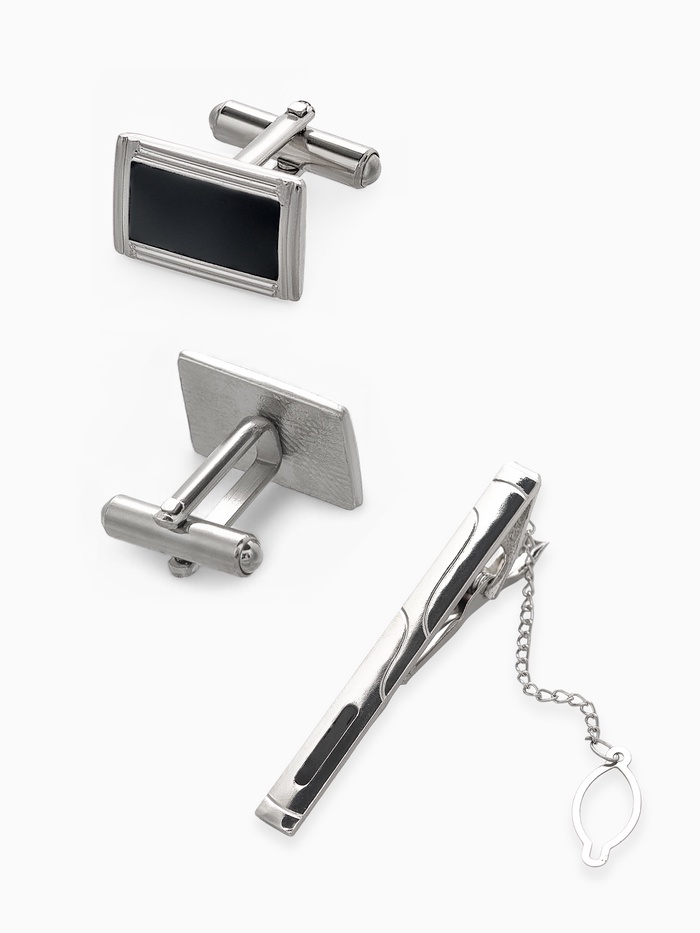 УЦЕНКА Набор мужской «Запонки + Зажим для галстука», прямоугольник с эмалью, чёрный, серебристая - Фото 1