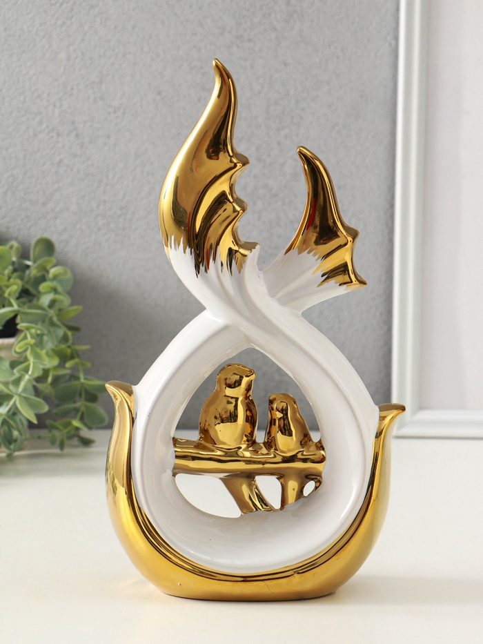 Фигура керамика «Две птички на ветке», белый с золотом, 7×15.5×29.5 см