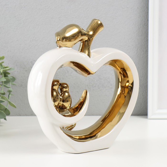 Сувенир керамика "Две птички на яблоке" белый с золотом 7х22х22,5 см