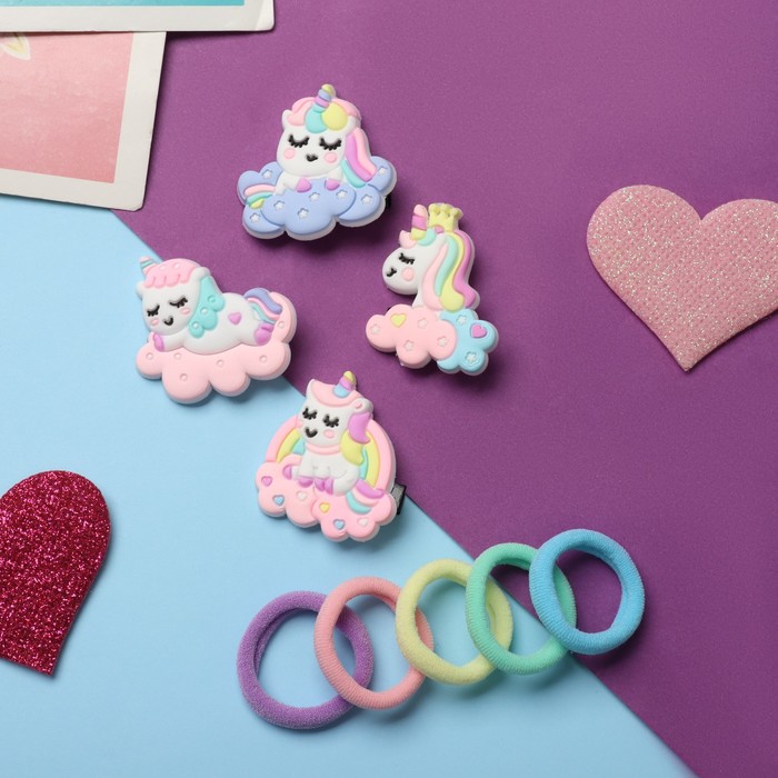 Набор для волос «Лучик», 10 резинок, 4 зажима, единорожка, МИКС