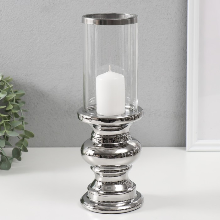 Подсвечник керамика, стекло на 1 свечу "Грация" d=7,5 см серебро 10х10х28,5 см