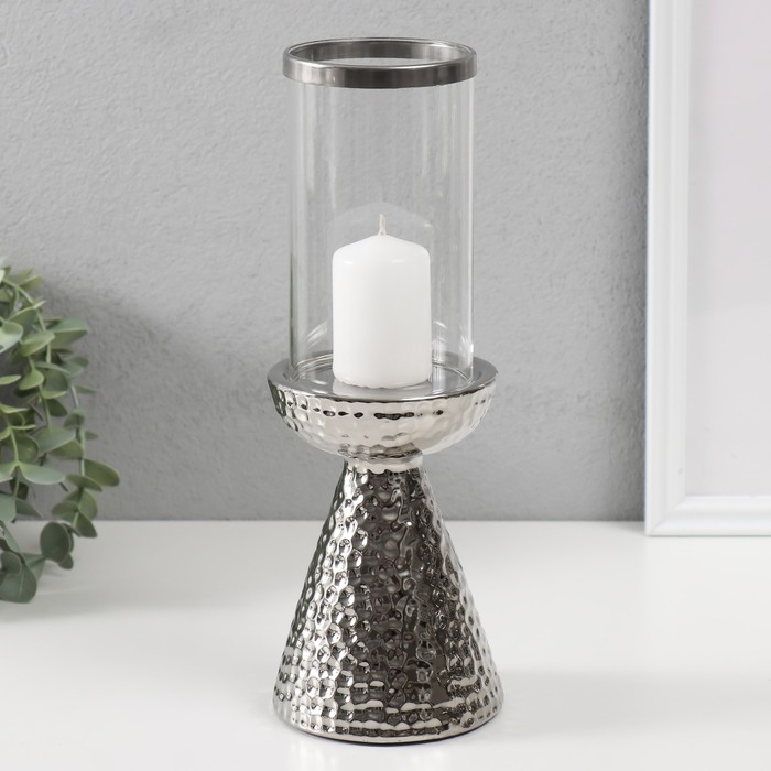 Подсвечник керамика, стекло на 1 свечу "Ибис" d=7,5 см серебро 10,5х10,5х29,5 см