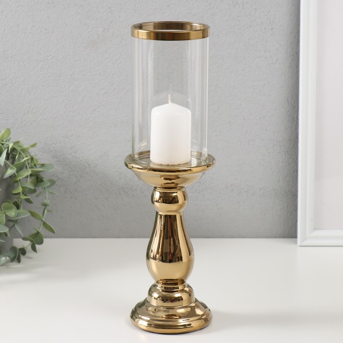 Подсвечник керамика, стекло на 1 свечу "Магистр" d=8 см золото 9,5х9,5х32 см
