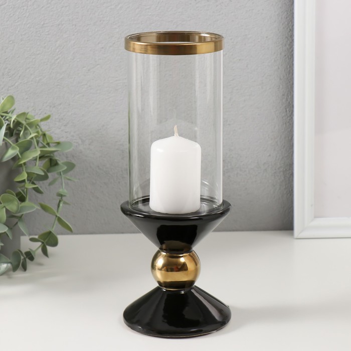 Подсвечник керамика, стекло на 1 свечу "Параллели" d=7,5 см чёрный с золотом 9,5х9,5х24 см