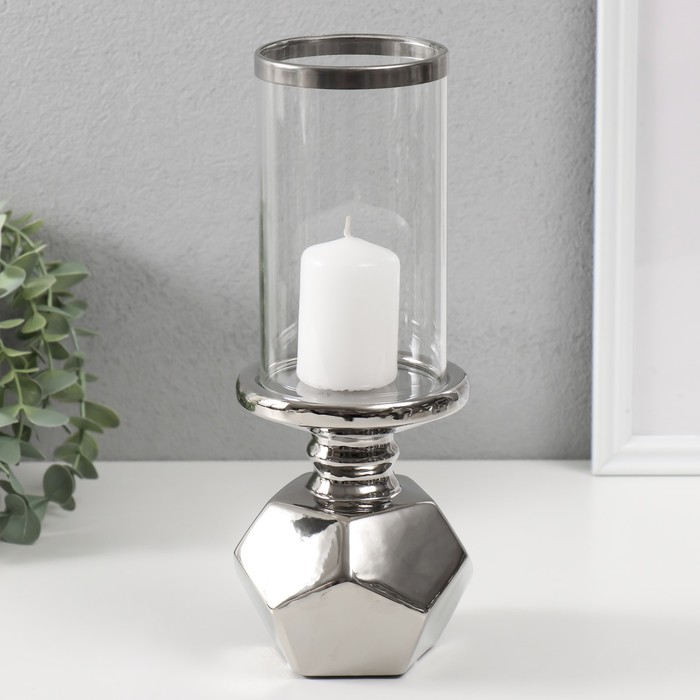 Подсвечник керамика, стекло на 1 свечу "Грани" d=7,5 см серебро 10,5х10,5х27 см