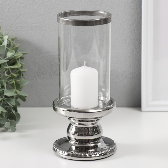 Подсвечник керамика, стекло на 1 свечу "Веллис" d=8 см серебро 10х10х21,5 см