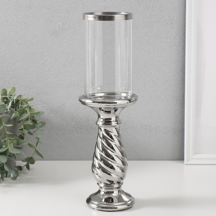 Подсвечник керамика, стекло на 1 свечу "Виток" d=7,5 см серебро 9,5х9,5х32 см