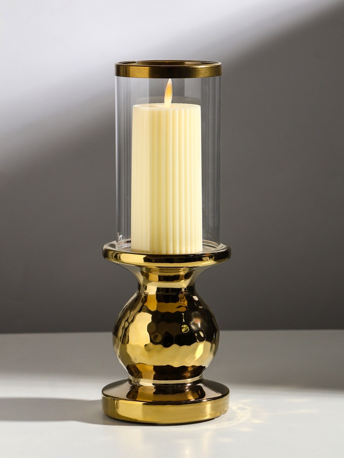 Подсвечник на 1 свечу «Нуар», керамика, стекло, d=8 см, золото, 10×10×27 см