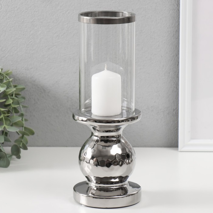 Подсвечник керамика, стекло на 1 свечу "Нуар" d=8 см серебро 10х10х27 см