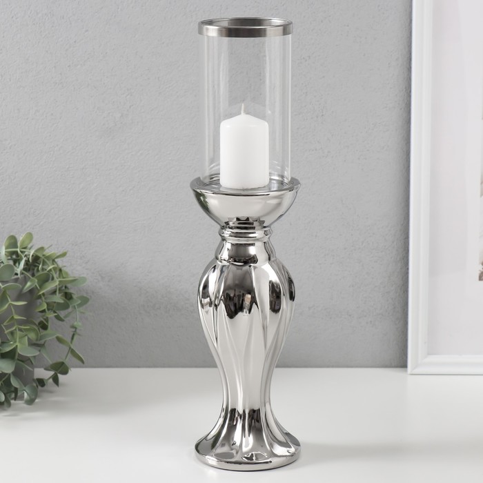 Подсвечник керамика, стекло на 1 свечу "Версаль" d=7,5 см серебро 9,5х9,5х38,5 см