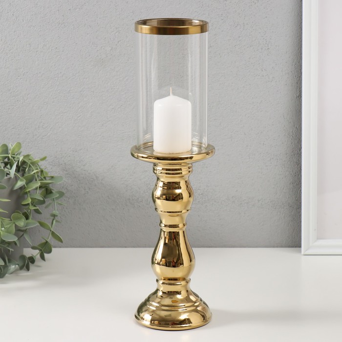 Подсвечник керамика, стекло на 1 свечу "Лира" d=8 см золото 9,3х9,3х34 см