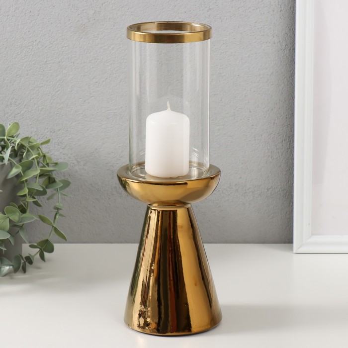 Подсвечник керамика, стекло на 1 свечу "Гладь" d=8 см золото 10х10х29,5 см