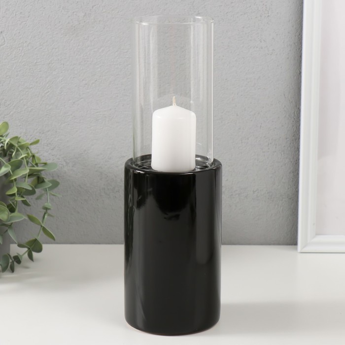 Подсвечник керамика, стекло на 1 свечу "Хром" d=7,5 см чёрный 9,2х9,2х29,5 см