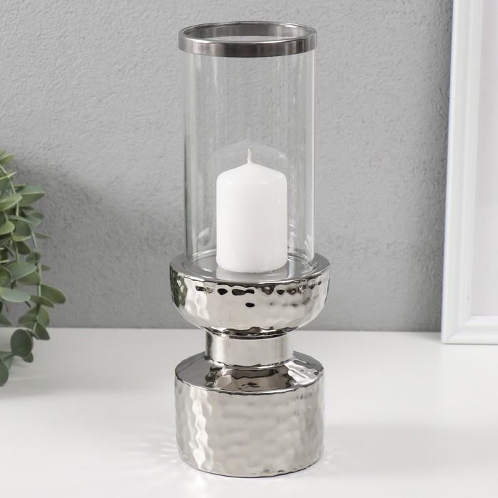 Подсвечник керамика, стекло на 1 свечу "Омут" d=8 см серебро 9,5х9,5х26 см