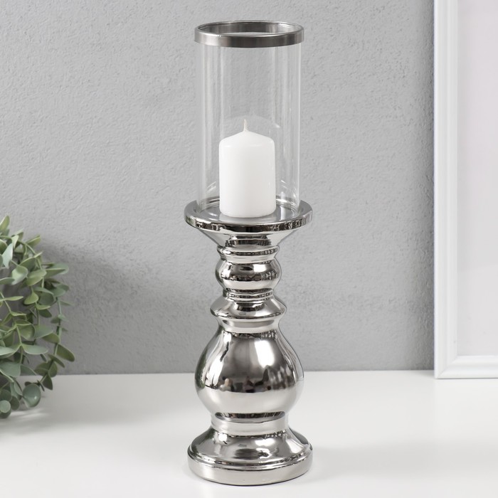 Подсвечник керамика, стекло на 1 свечу "Алберо" d=7,5 см серебро 9,5х9,5х35 см