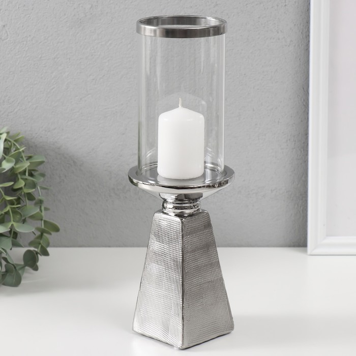 Подсвечник керамика, стекло на 1 свечу "Буэно" d=7,5 см серебро 9,5х9,5х29,5 см