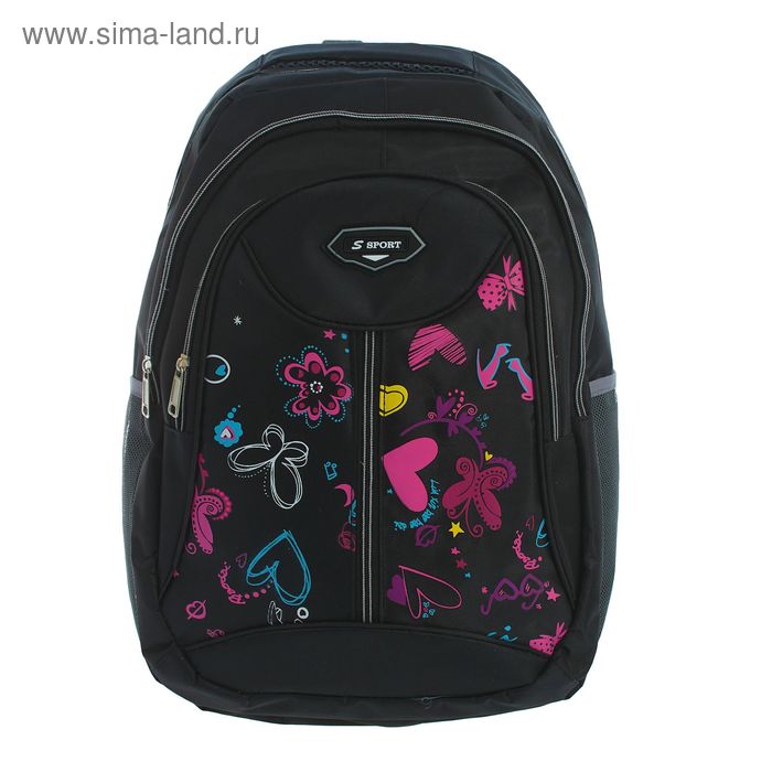 Рюкзак школьный "Бабочки", 1 отдел, 2 наружных и 2 боковых кармана, усиленная спинка, чёрный - Фото 1