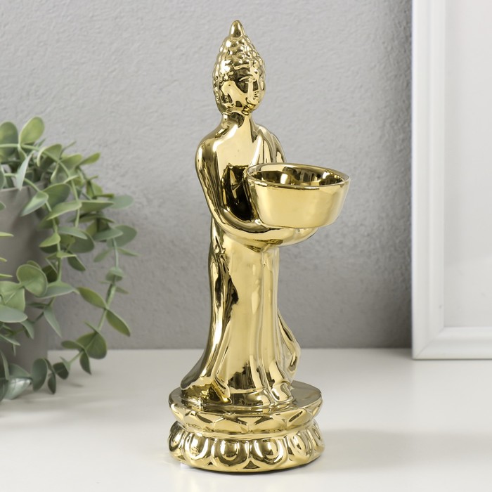 Подсвечник керамика на 1 свечу "Будда" d=4 см золото 8х11х22,5 см
