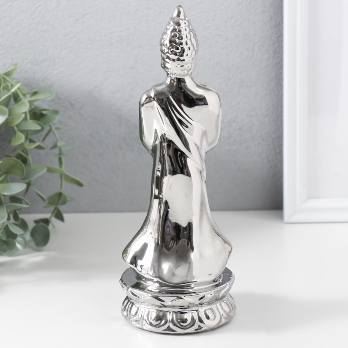 Подсвечник керамика на 1 свечу "Будда" d=4 см серебро 8х11х22,5 см
