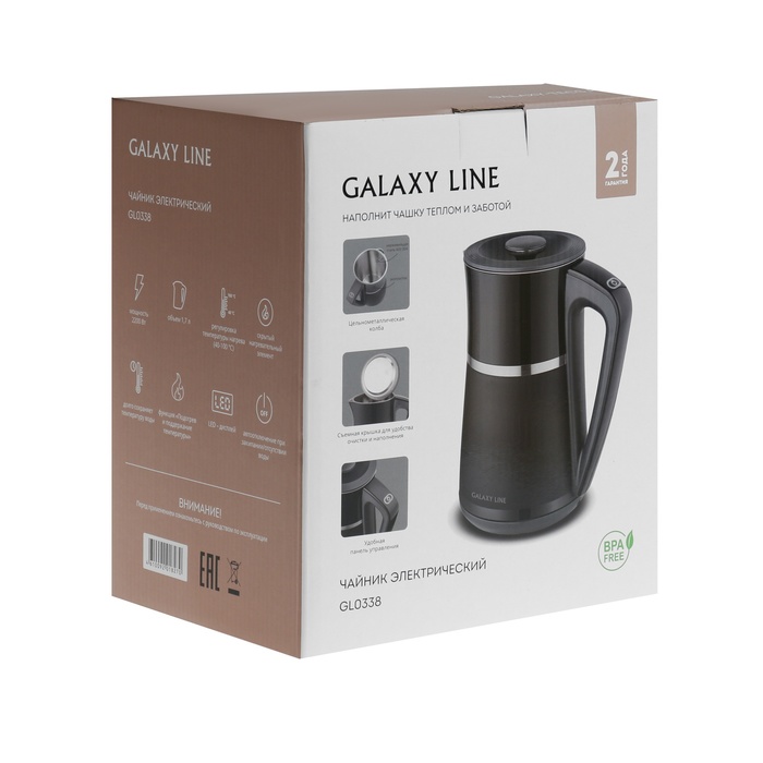 Чайник электрический Galaxy LINE GL 0338, нерж.сталь/пластик, 1.7 л, 2200 Вт, чёрный
