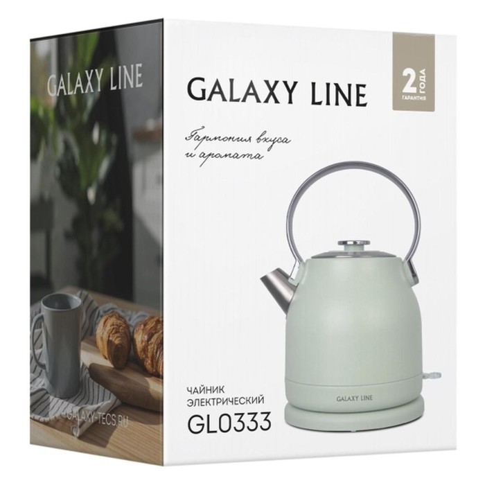 Чайник электрический Galaxy LINE GL 0333, нерж.сталь, 1.5 л, 2200 Вт, светло-зелёный