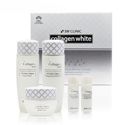 Набор для лица 3W Clinic Collagen White, с коллагеном, 5 предметов: тонер 150 мл и 30 мл, эмульсия 150 мл и 30 мл, крем 60 г