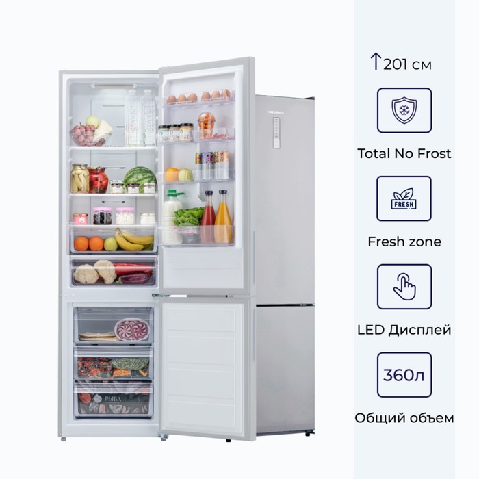 Холодильник DELVENTO VDM49101, двухкамерный, класс А+, 360 л, No Frost, серебристый