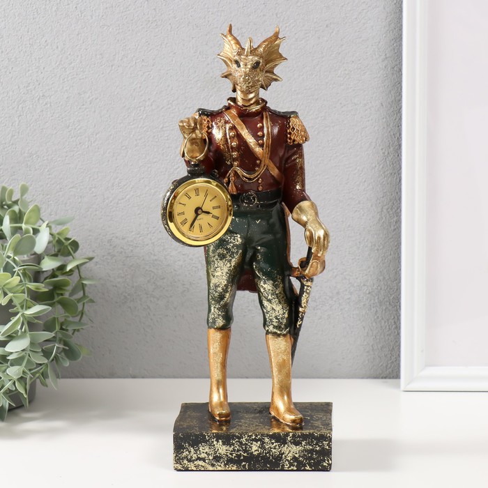 Сувенир полистоун с часами "Золотистый дракон в камзоле, со шпагой" 12х9х32 см - Фото 1