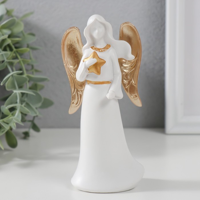 Сувенир полистоун "Ангел-дева со звездой" белый с золотом 13,5х6,3х4,5 см