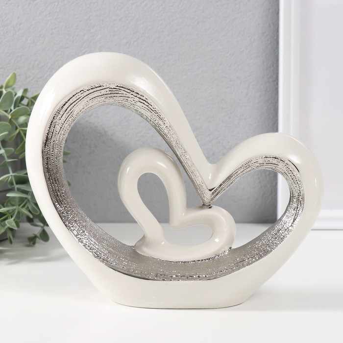 Сувенир керамика "Сердечко в сердечке" серебристо-белый 18х21х6 см